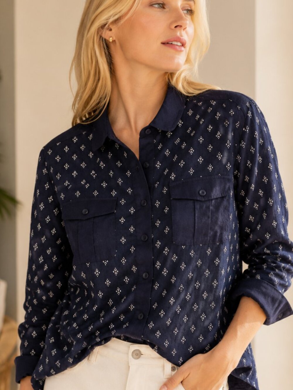 Tory Burch Linen Cotton Shirt Navy Print Hamptons Coastal Style Blouse
